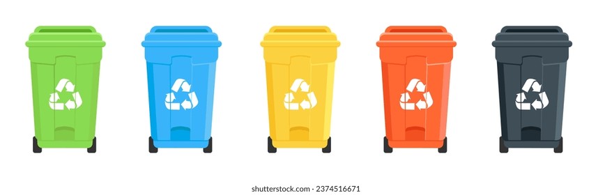 Garbage bins set. Colorful trash cans with recycling icon.