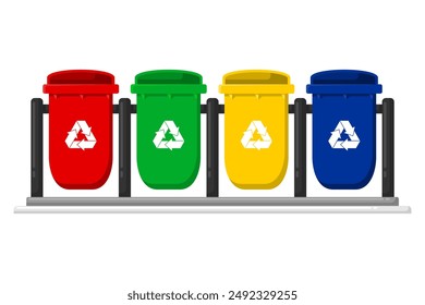 Garbage bins set. Colorful trash cans with recycling icon. Waste sorting. Containers for sorting paper, glass, metal, organic, plastic. Vector illustration.