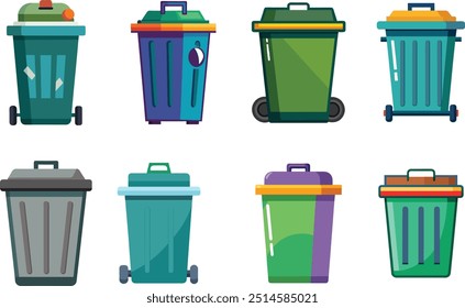 Garbage bins set. Colorful trash cans with recycling icon. Waste sorting containers. Vector illustration. Vector Graphic.