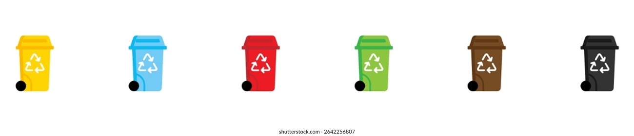 Garbage bins set. Colorful trash cans with recycling icon. Waste sorting containers. Vector illustration. EPS 10