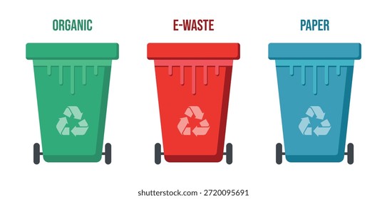 Garbage bins set. Colorful trash cans with recycling icon. Waste sorting containers. Sorting garbage vector illustration