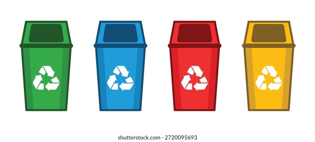 Conjunto de cubos de basura. Cubos de basura coloridos con icono de reciclaje. Contenedores de clasificación de residuos. Clasificación de la Ilustración vectorial de basura