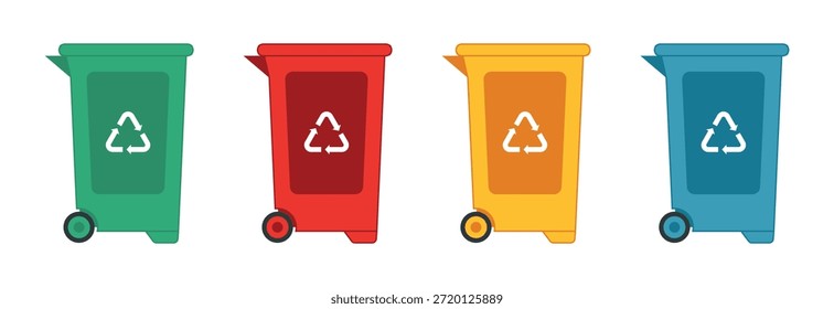 Conjunto de cubos de basura. Cubos de basura coloridos con icono de reciclaje. Contenedores de clasificación de residuos. Clasificación de la Ilustración vectorial de basura