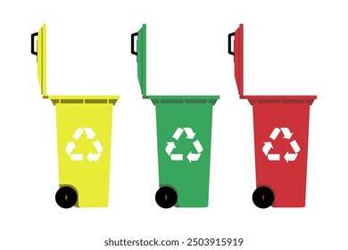 Garbage bins set. The trash can is open, colorful trash cans with recycling icon, waste sorting containers, environmental pollution