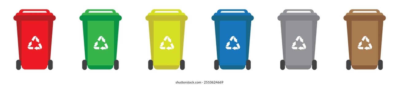 Garbage bins set. Waste sorting containers. Colorful trash cans with recycling icon. Vector illustration.