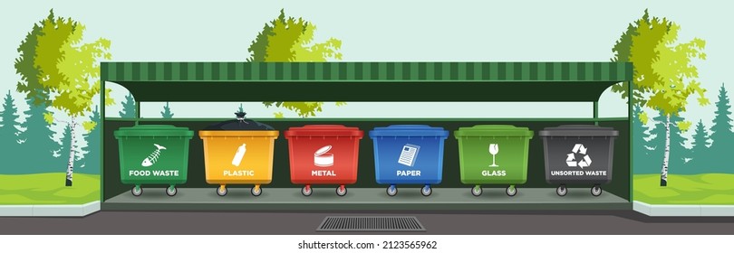 Garbage bins in vector under a roof of different colors for separate collection of waste with signs and type of raw materials in nature. Separation and recycling of waste at the plant for recycling. 