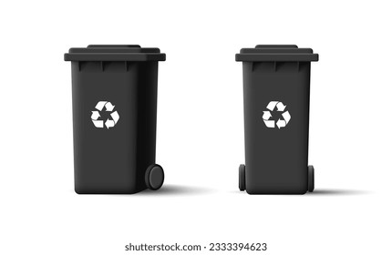 Garbage black trash cans, waste recycle bins. 3d illustration of street container with wheels front and side view with lid