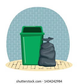 garbage can and bag icon cartoon outdoor with colorful bricks wall vector illustration graphic design
