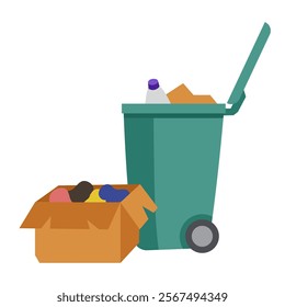 Garbage can, box with junk. Waste. Vector simple color flat illustration.