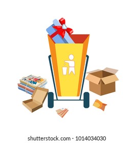 Garbage can with cardboard debris. Isolated elements. Icons of paper waste.Vector illustration