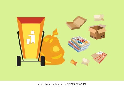 Garbage can with cardboard debris. Isolated elements. Icons of paper waste.Vector illustration