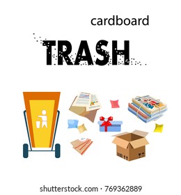 Garbage can with cardboard debris. Isolated elements. Icons of paper waste.Vector illustration