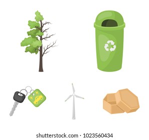 A garbage can, a diseased tree, a wind turbine, a key to a bio car.Bio and ecology set collection icons in cartoon style vector symbol stock illustration web.