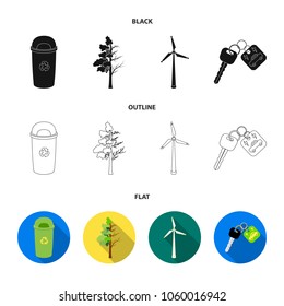 A garbage can, a diseased tree, a wind turbine, a key to a bio car.Bio and ecology set collection icons in black,flat,outline style vector symbol stock illustration web.