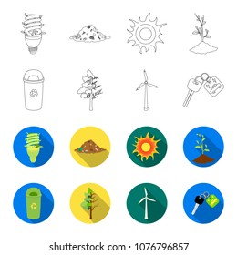 A garbage can, a diseased tree, a wind turbine, a key to a bio car.Bio and ecology set collection icons in outline,flat style vector symbol stock illustration web.