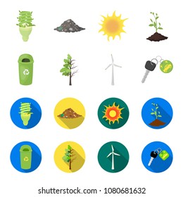 A garbage can, a diseased tree, a wind turbine, a key to a bio car.Bio and ecology set collection icons in cartoon,flat style vector symbol stock illustration web.