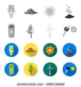 A garbage can, a diseased tree, a wind turbine, a key to a bio car.Bio and ecology set collection icons in monochrome,flat style vector symbol stock illustration web.