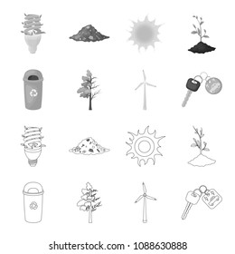 A garbage can, a diseased tree, a wind turbine, a key to a bio car.Bio and ecology set collection icons in outline,monochrome style vector symbol stock illustration web.