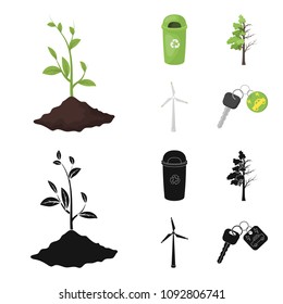 A garbage can, a diseased tree, a wind turbine, a key to a bio car.Bio and ecology set collection icons in cartoon,black style vector symbol stock illustration web.