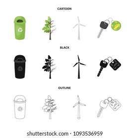 A garbage can, a diseased tree, a wind turbine, a key to a bio car.Bio and ecology set collection icons in cartoon,black,outline style vector symbol stock illustration web.
