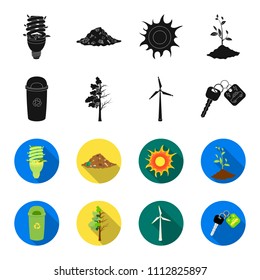 A garbage can, a diseased tree, a wind turbine, a key to a bio car.Bio and ecology set collection icons in black,flet style vector symbol stock illustration web.