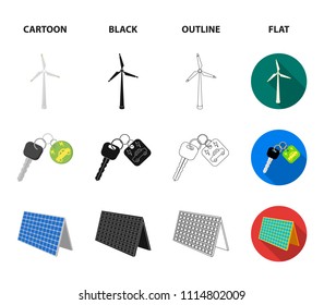 A garbage can, a diseased tree, a wind turbine, a key to a bio car.Bio and ecology set collection icons in cartoon,black,outline,flat style vector symbol stock illustration web.