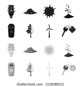 A garbage can, a diseased tree, a wind turbine, a key to a bio car.Bio and ecology set collection icons in black,monochrome style vector symbol stock illustration web.