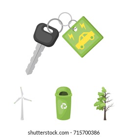 A garbage can, a diseased tree, a wind turbine, a key to a bio car.Bio and ecology set collection icons in cartoon style vector symbol stock illustration web.