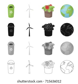 Garbage can, ecological wind generator, flower in the pot, planet Earth. Ecology set collection icons in cartoon black monochrome outline style vector symbol stock illustration web.