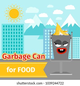 Garbage can with food trash and monster face on the street, vector illustration