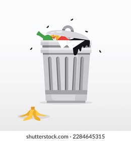 Garbage can full of overflowing trash. Flat design vector illustration. Stock illustration. 