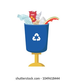 Garbage can is full of trash on white background. Ecology and recycle concept. Vector illustration.
