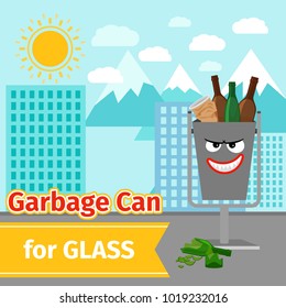 Garbage can with glass trash and monster face on the street, vector illustration