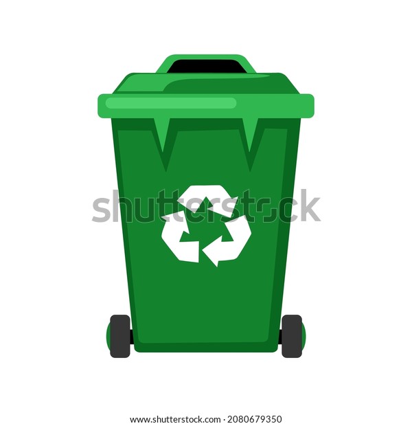 Garbage can. Green garbage can on wheels for\
separate waste collection. Icon, clipart for website, app about\
eco, separate waste collection. Vector flat illustration, cartoon\
style.