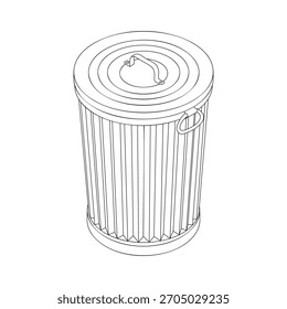 Bote de basura - Ilustración vectorial isométrica dibujada a mano en blanco y negro.