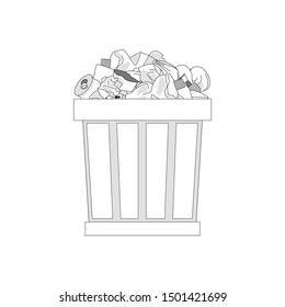 Garbage can with household waste. Plastic cups, bottles, bags, light bulbs, batteries, paper and more. Black and white vector image