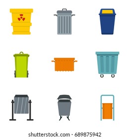 Garbage can icon set. Flat style set of 9 garbage storage vector icons for web isolated on white background