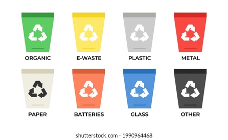 Garbage can icon set. Waste containers in different colors. Trash symbol. Waste sorting. Vector illustration isolated on white background