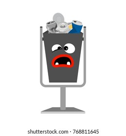Garbage can with metal trash isolated on the white background, vector illustration