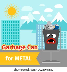 Garbage can with metal trash and monster face on the street, vector ilustration