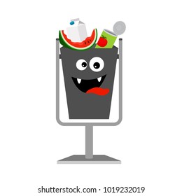 Garbage can with organic trash isolated on the white background, vector illustration