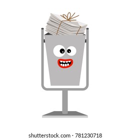 Garbage can with paper trash isolated on the white background, vector illustration