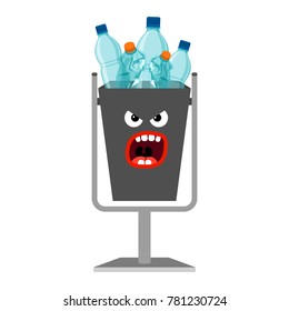 Garbage can with plastic trash isolated on the white background, vector illustration