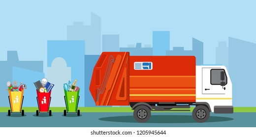 Garbage can and red car with garbage on the background of city buildings. Separation of garbage. Vector illustration.