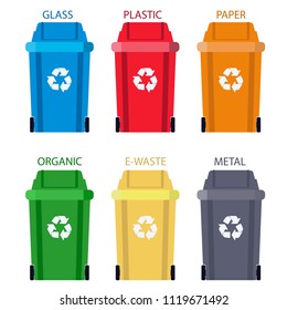 Garbage can Separation of waste. Disposal refuse rubbish bin. Different Colored wheelie basket set. Sorting and recycling of organic, plastic, paper, metal and glass waste and trash management concept