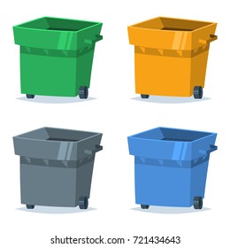 Garbage can set of blue, green, yellow and gray color. Vector illustration of the sorting and recycling of organic, plastic, paper and glass waste and trash.