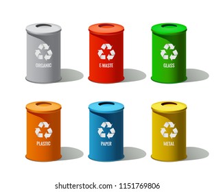Garbage can set isolated on white background. Vector different color garbage cans.