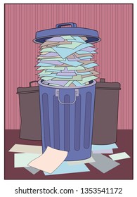 A garbage can stacked with paper.