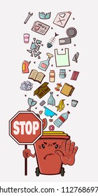 garbage can with unsorted garbage, dissatisfied, with a stop sign
