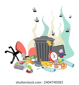 Garbage can with unsorted waste and broken furniture on a white background. Dirty puddle with organic and industrial waste. Vector illustration